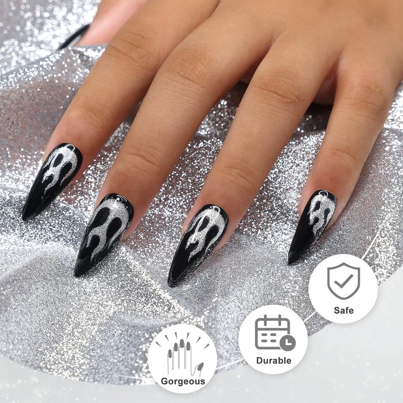 morily Black Press on Stiletto Nails Medium Length Glossy Fake Nails with Fire Pattern Design Acrylic Stick on Nails Long Full Cover Artificial False Nails Manicure for Women (Black Flame) - Image 5